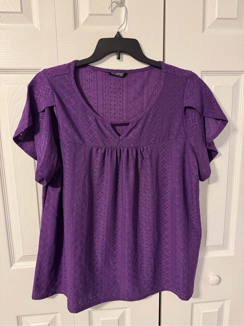 BloomChic Purple Eyelet Flutter-Sleeve Blouse